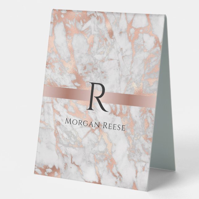 Black Monogram & Name, White & Rose Gold Marble Table Tent (Front)