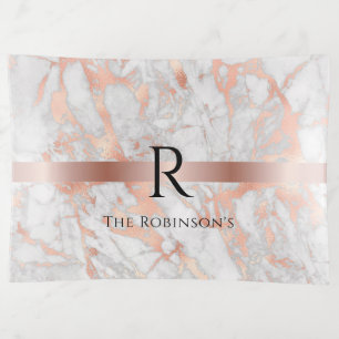 Black Monogram & Name, White & Rose Gold Marble Trinket Tray