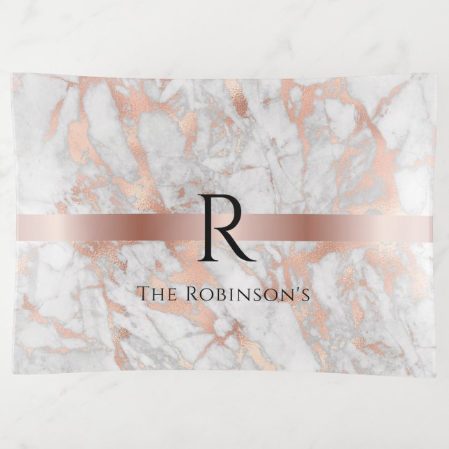 Black Monogram & Name, White & Rose Gold Marble Trinket Tray (Front)