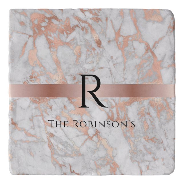 Black Monogram & Name, White & Rose Gold Marble Trivet (Front)