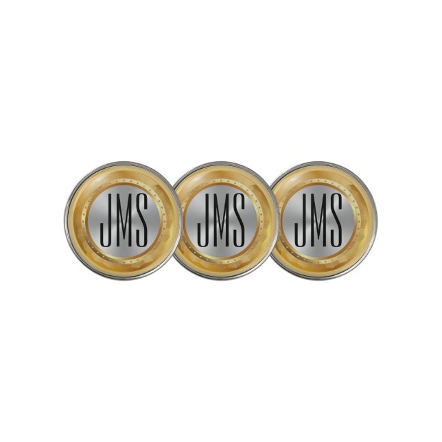 Black Monogram on a Gold and Silver Design  Golf Ball Marker (3 Up)