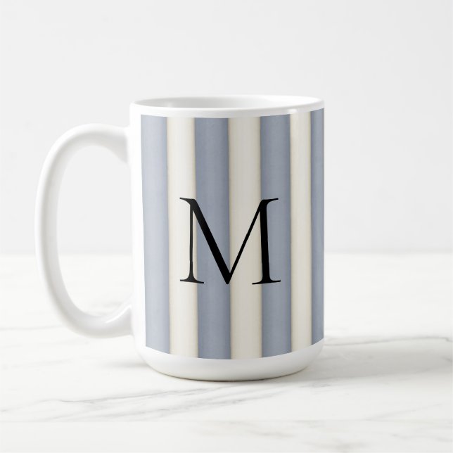 Black Monogram on Gray & Antique White Stripe Coffee Mug (Left)
