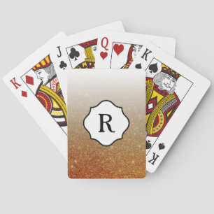 Black Monogram on Orange Gold Glitter Ombre Poker Cards