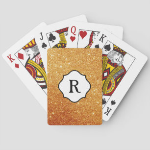 Black Monogram on Orange Gold Glitter Poker Cards