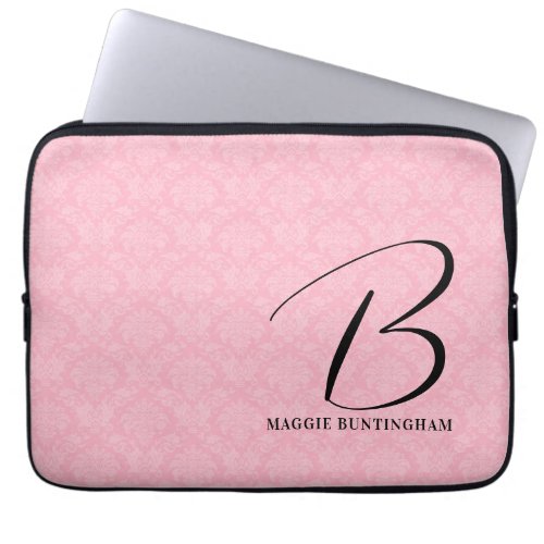 Black Monogram on Pink Damask Laptop Sleeve