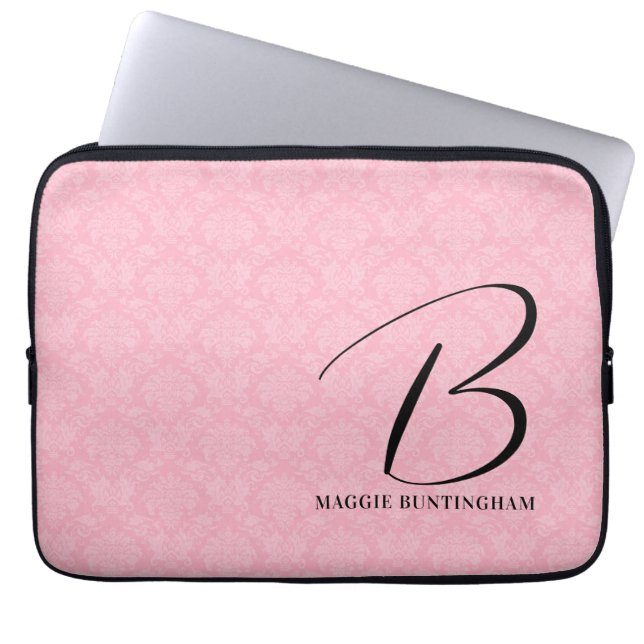 Black Monogram on Pink Damask Laptop Sleeve (Front)