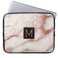 black monogram on rose gold marble stone laptop sleeve