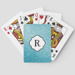 Black Monogram on Sparkling Aqua Glitter Poker Cards