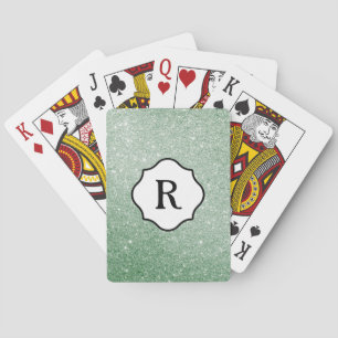 Black Monogram on Sparkling Sea Green Glitter Poker Cards