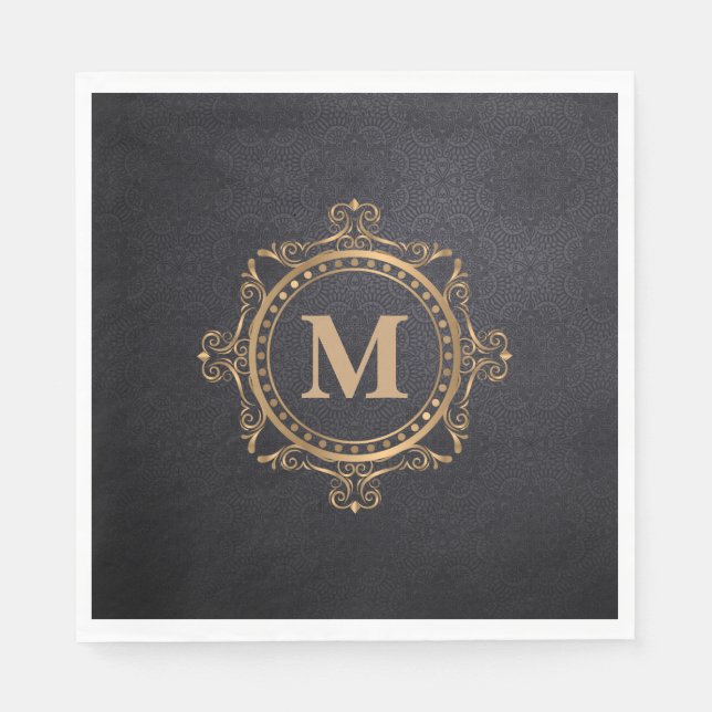 Black monogram ornamental mandala design napkins (Front)