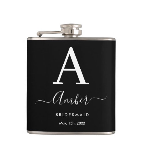 Black Monogram Personalized Bridesmaid Hip Flask