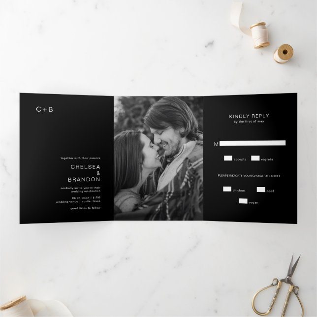 Black Monogram Photo Modern Wedding Tri-Fold Invitation (Inside)