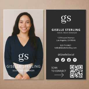 Black Monogram Photo Social Media QR Code Business Card