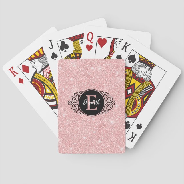 Black Monogram Pink Glitter Poker Cards (Back)