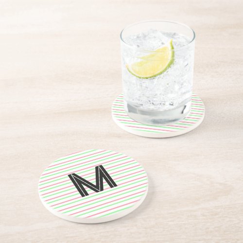 Black Monogram Pink Green White Stripes Coaster