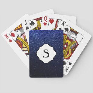 Black Monogram Sparkling Dark Blue Glitter Ombre Poker Cards