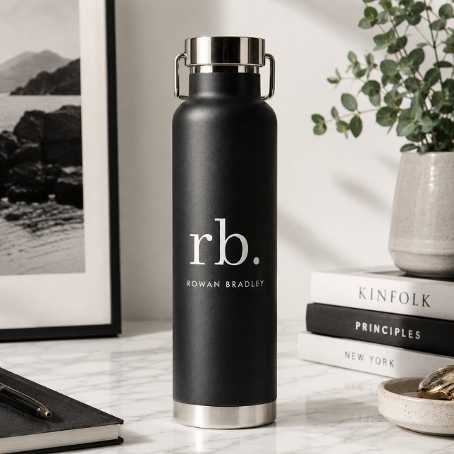 Black Monogram Water Bottle | Insulated 22oz Flask (Custom 22 oz insulated water bottle gift for work, gym, travel, school, and office desks.)