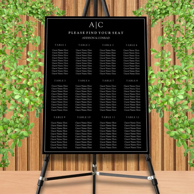 Black Monogram Wedding 12 Tables Seating Chart Foam Board (Creator Uploaded)
