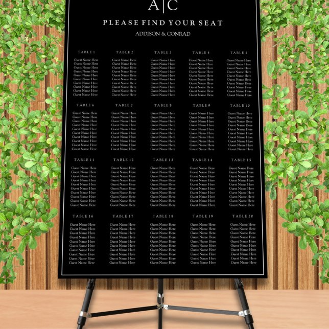 Black Monogram Wedding 20 Tables Seating Chart Foam Board (Creator Uploaded)