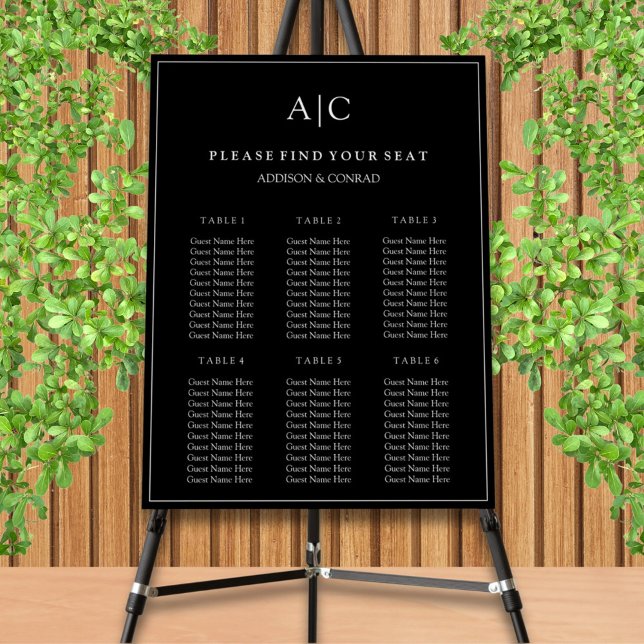 Black Monogram Wedding 6 Tables Seating Chart Foam Board (Creator Uploaded)