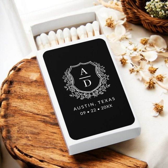 Black Monogram Wedding Floral Crest Matchboxes (Creator Uploaded)