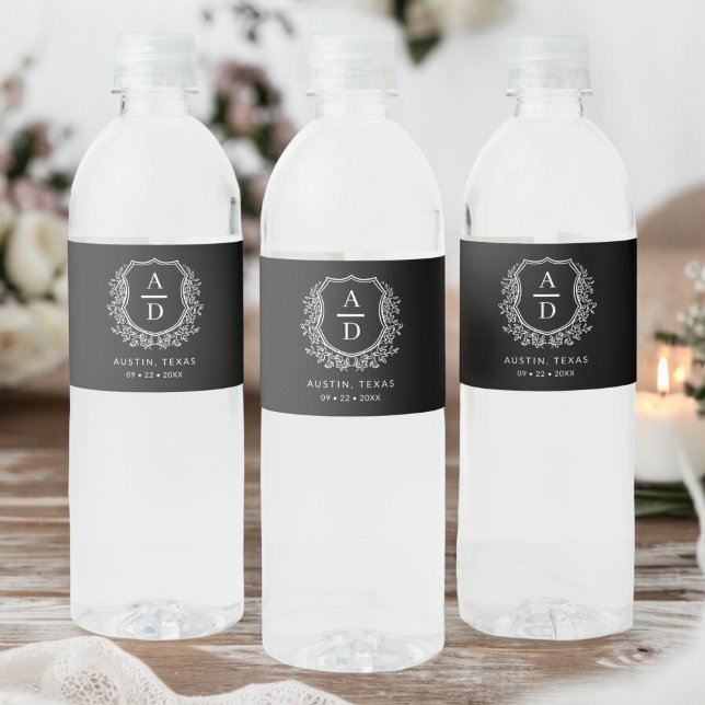 Black Monogram Wedding Floral Crest Water Bottle Label (Creator Uploaded)