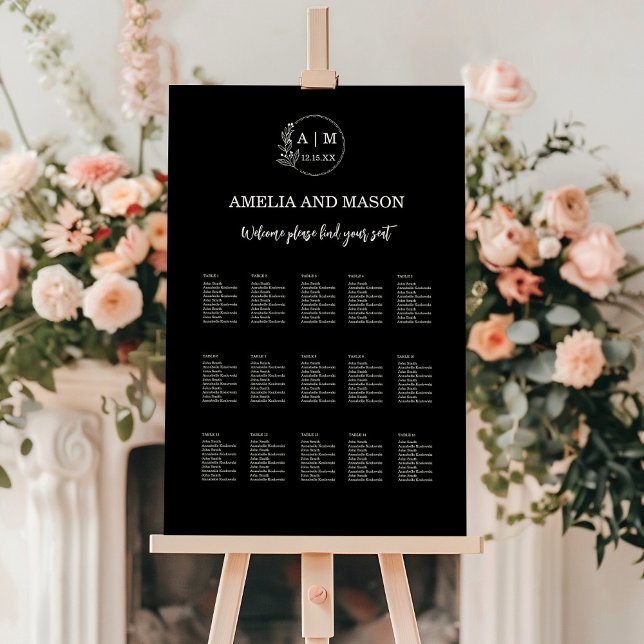 Black Monogram Wedding Seating Chart 15 Tables Foam Board (Black Monogram Wedding Seating Chart 15 Tables Foam Board)