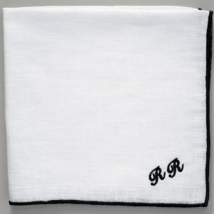 Black Monogram White Linen Pocket Square