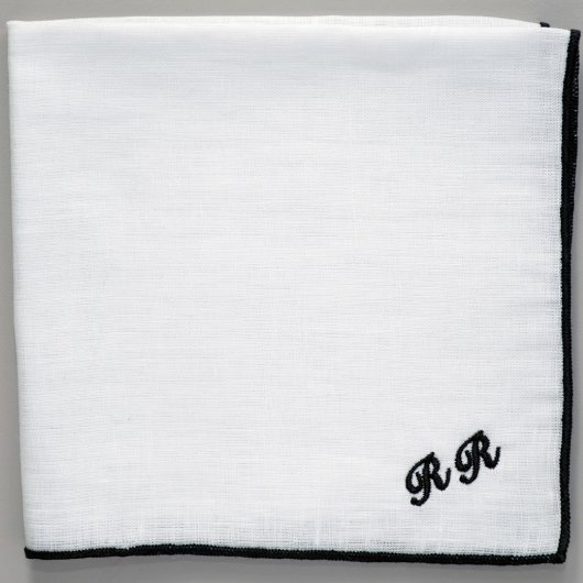 Black Monogram White Linen Pocket Square (Front)
