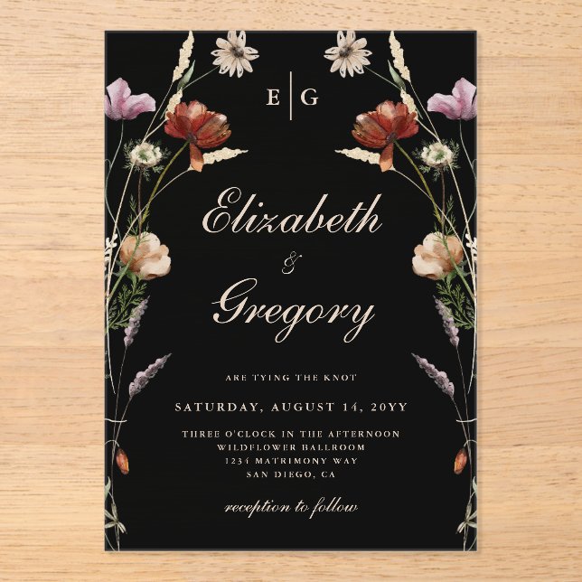 Black Monogram Wildflower Wedding Acrylic Invitations (Front)