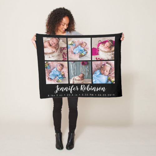 Black Monogrammed Birth Stat Announcement Photo Fleece Blanket