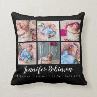 Black Monogrammed Birth Stat Black Photo Collage Throw Pillow