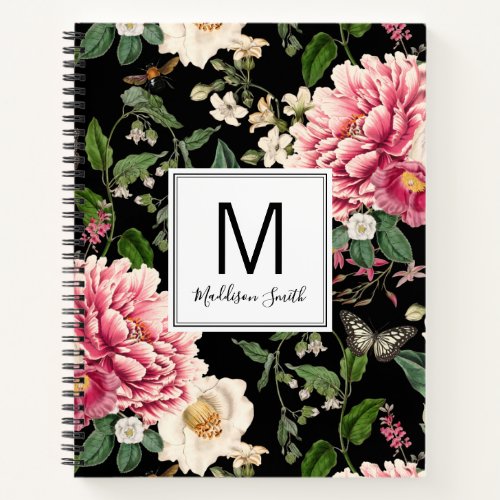 Black Monogrammed Country Garden Floral Pattern Notebook