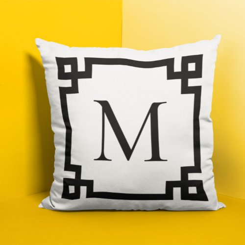 Black Monogrammed Greek Key Border Throw Pillow