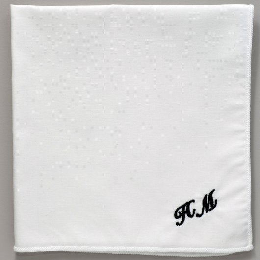 Black Monogrammed White Cotton Pocket Square (Front)