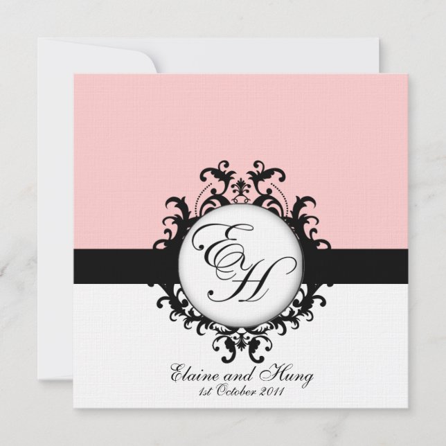 Black Monograms Damask on Linen Invitation (Front)