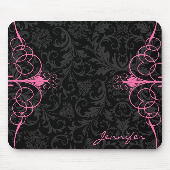 Black Monotones Floral Damasks & Pink Frame Mouse Pad (Front)
