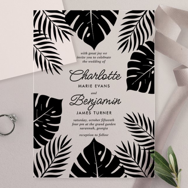 Black Monstera Tropical Wedding Acrylic Invitations (Creator Uploaded)