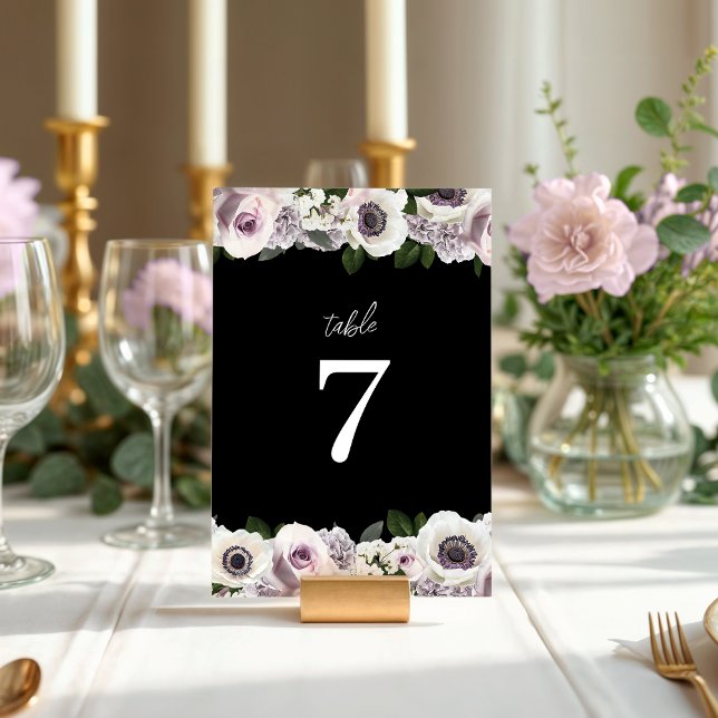 Black Moody Anemone & Purple Floral Bridal Shower  Table Number (Creator Uploaded)