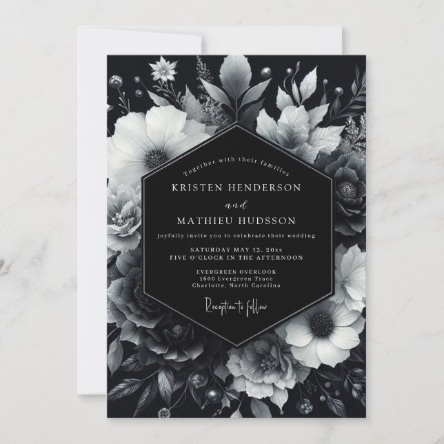 Black Moody Bloom Wedding Invitation (Front)