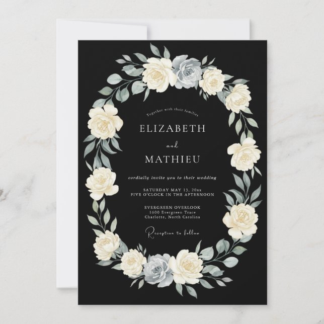 Black Moody Botanical Wedding Invitation (Front)