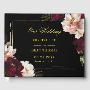 Black Moody Burgundy Blush Floral Wedding Foil Guest Book