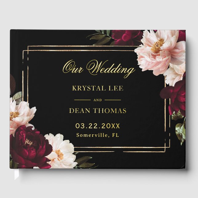Black Moody Burgundy Blush Floral Wedding Foil Guest Book (Front)