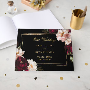 Black Moody Burgundy Blush Floral Wedding Seating  Guest Book