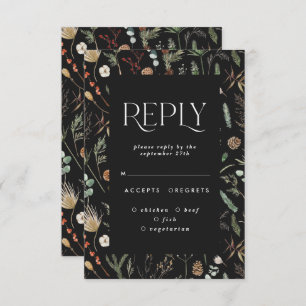 Black moody floral botanical elegant wedding reply invitation