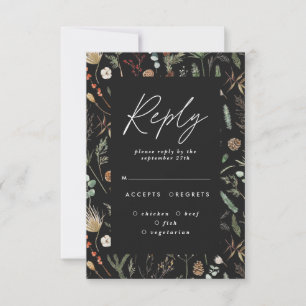 Black moody floral botanical elegant wedding reply invitation