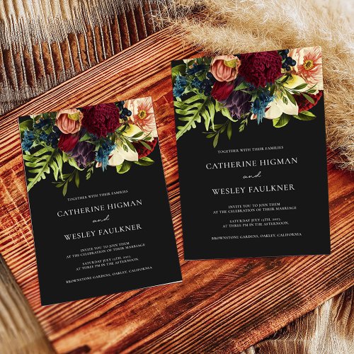 Black Moody Floral Burgundy Wedding  Invitation