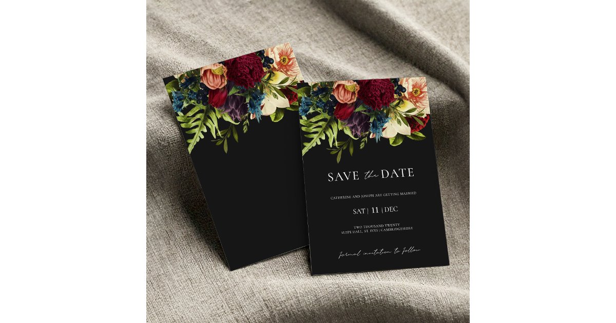 Black Moody Floral Burgundy Wedding Save the Date Invitation | Zazzle