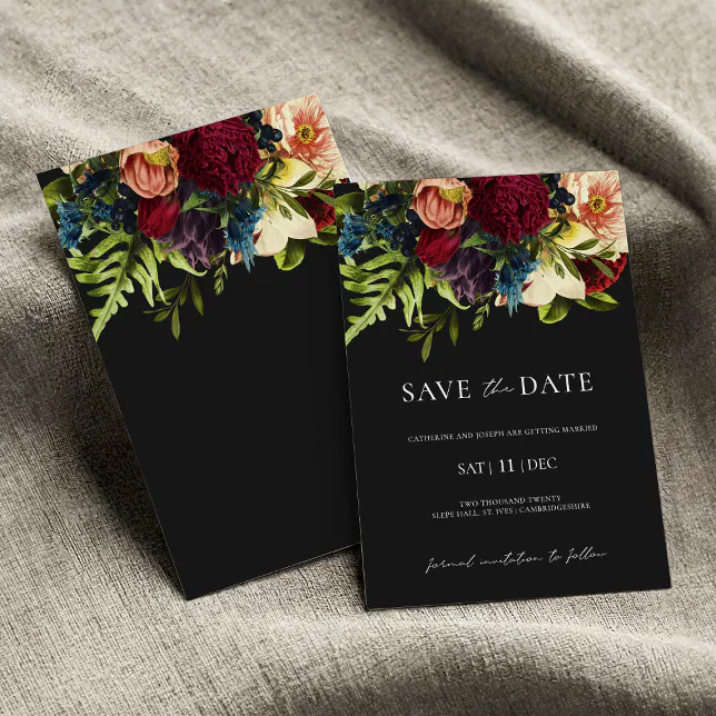 Black Moody Floral Burgundy Wedding Save the Date Invitation | Zazzle