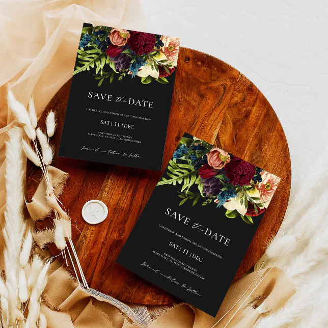 Black Moody Floral Burgundy Wedding Save the Date Invitation | Zazzle
